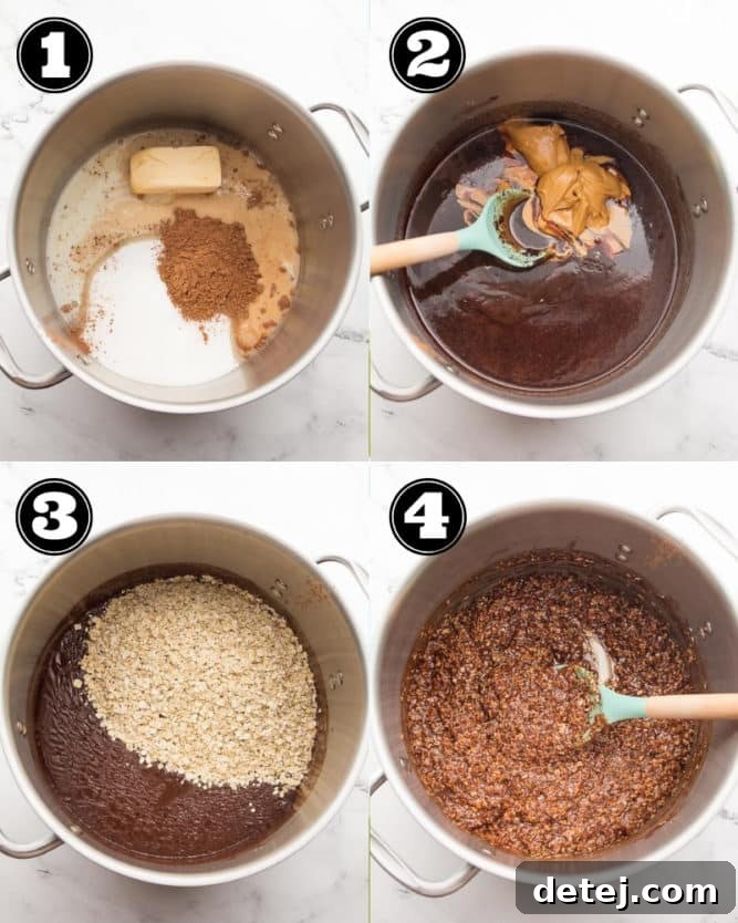 4 pictures of the steps involved in making chocolate oat cookies, showing the mixture being prepared, oats being added, and cookies being scooped.