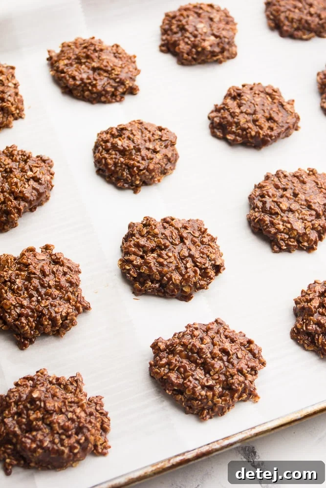 Cookies on a parchment lined baking sheet, freshly scooped and cooling.