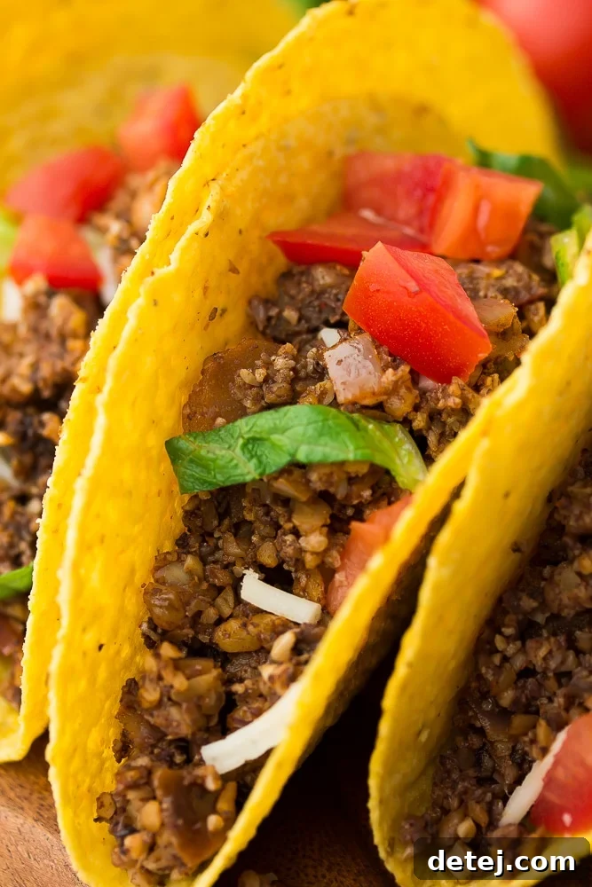 The Ultimate Vegan Taco Filling 6 close up of 3 vegan tacos close together
