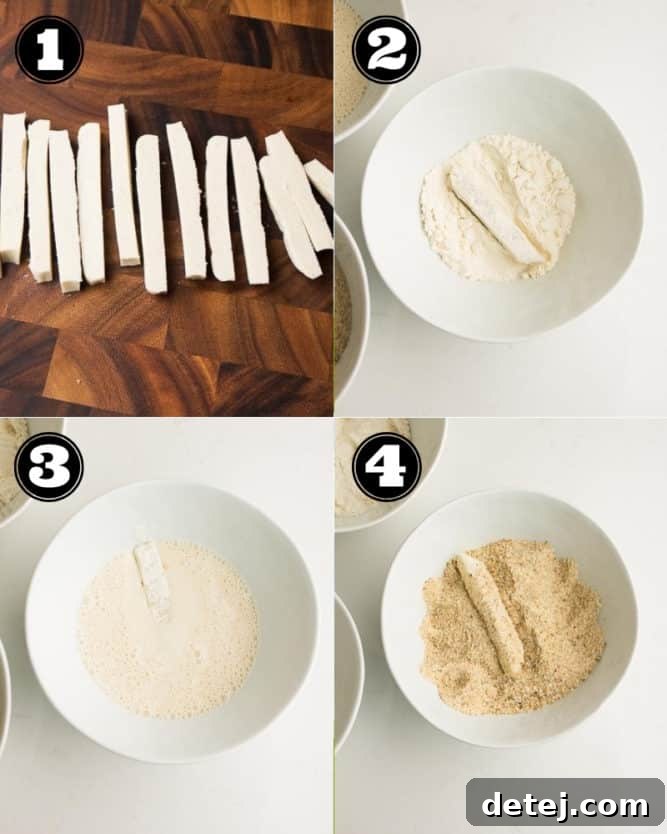 collage of steps to make vegan mozzarella sticks showing the coating process