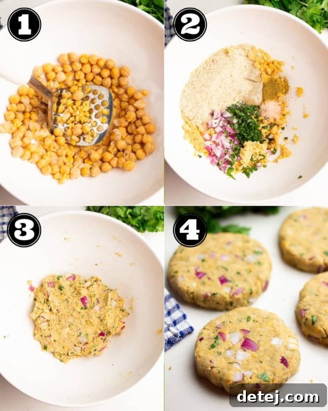 A visual step-by-step collage showing the process of making chickpea burgers, from mashing ingredients in a bowl to shaping the patties, illustrating each simple stage of preparation.