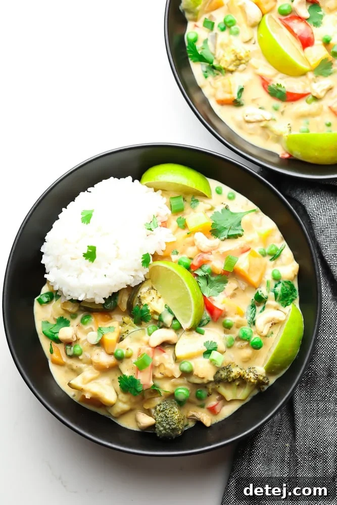 Vibrant Vegan Thai Green Curry 8 two bowls of thai green curry with rice on top