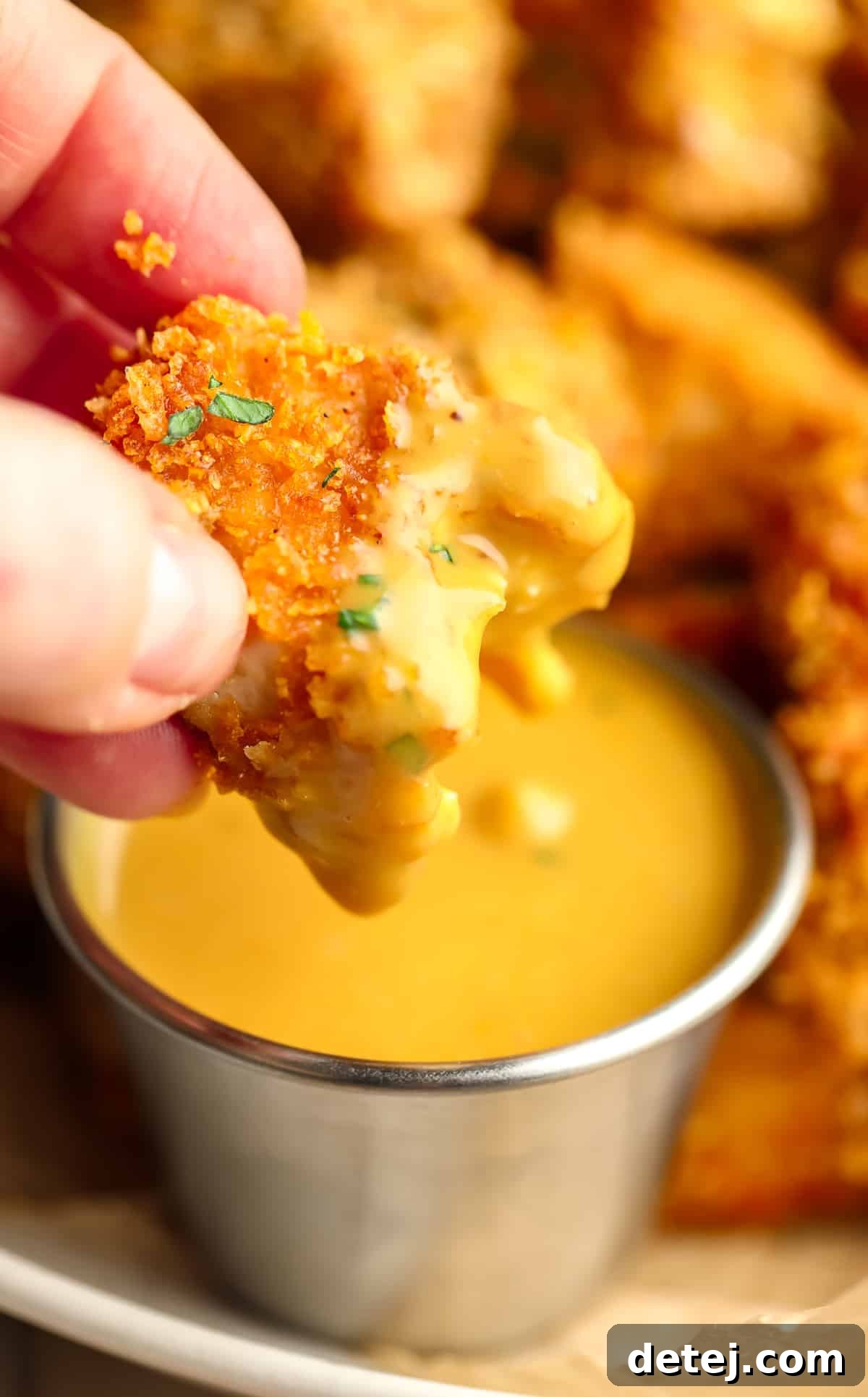 Crispy Plant Based Bites 2 A crispy vegan chicken nugget, taken a bite out of, being dipped into a vibrant yellow sauce by a hand.