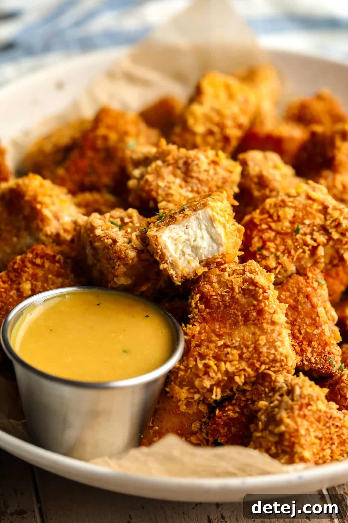 Crispy Plant Based Bites 3 A bowl brimming with golden-brown vegan chicken nuggets, one of which is cut open to reveal its tender interior.