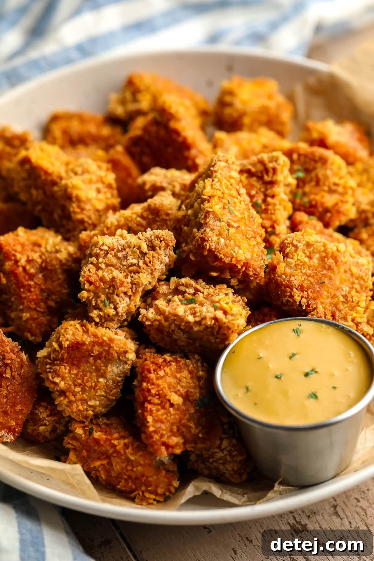 Crispy Plant Based Bites 7 A shallow bowl filled with crispy, breaded vegan chicken nuggets, accompanied by a side of vibrant yellow dipping sauce. A blue towel is visible in the background.