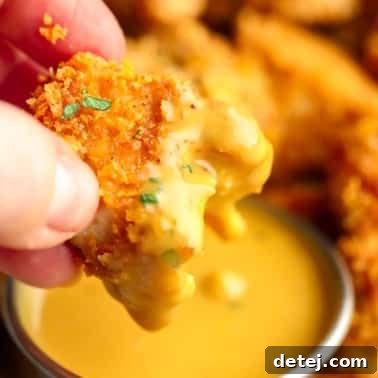 Crispy Plant Based Bites 8 A breaded vegan chicken nugget being dipped into a yellow sauce, with a bite taken out of it.