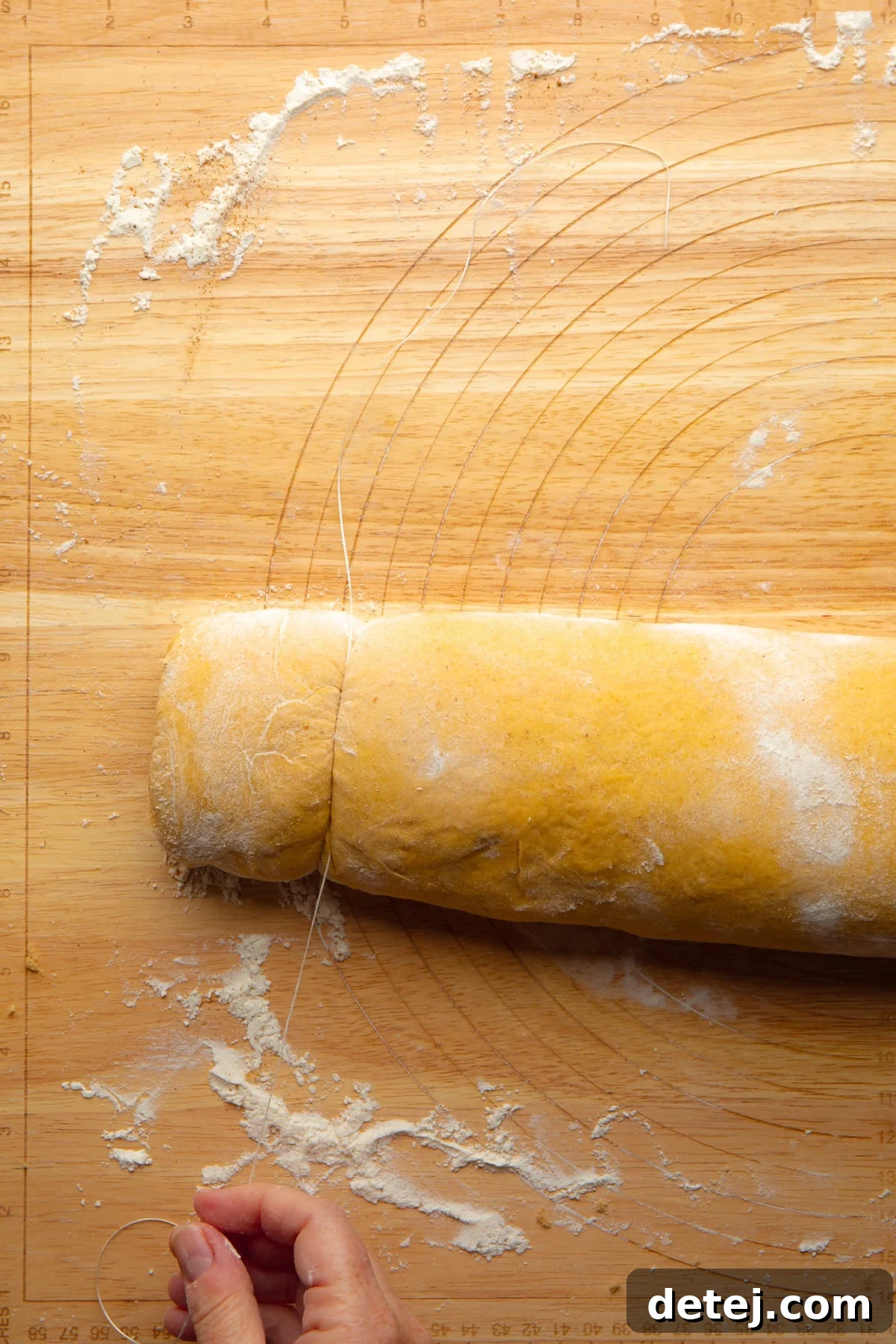 floss cutting into pumpkin cinnamon rolls