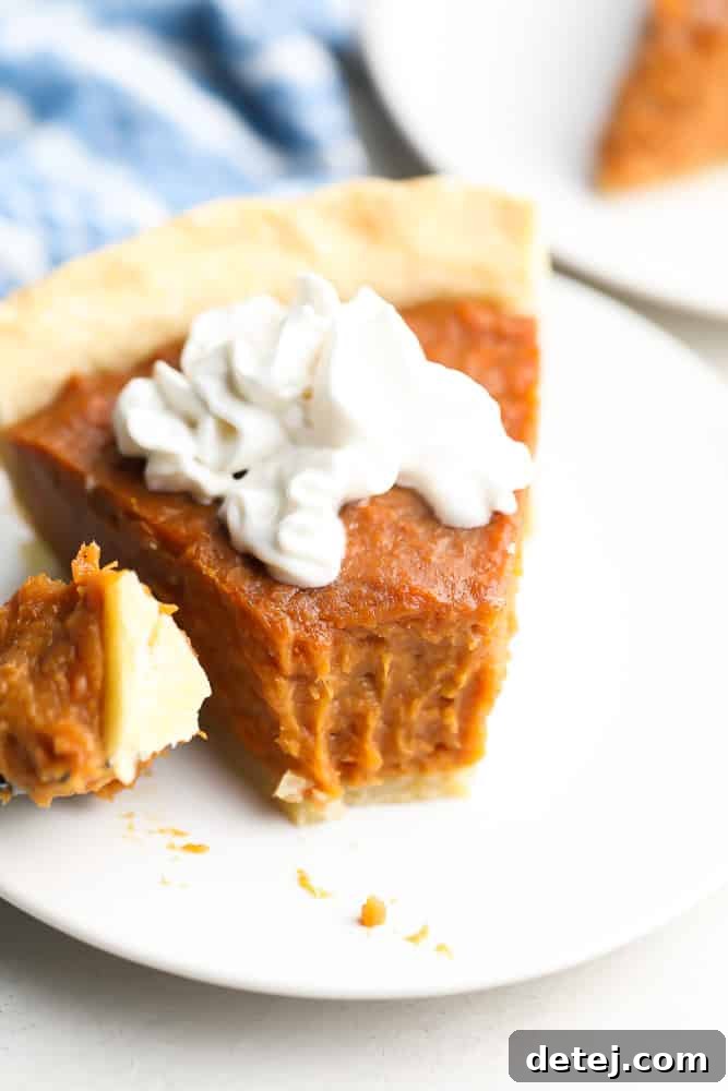 A slice of vegan sweet potato pie with a dollop of fluffy vegan whipped cream on top, with a fork gently pulling a piece away