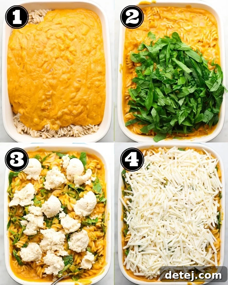 A step-by-step collage showing the process of making vegan pumpkin pasta bake, from mixing sauce to baking in a dish.