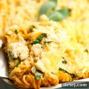 Square image of the finished pumpkin pasta bake in a dish