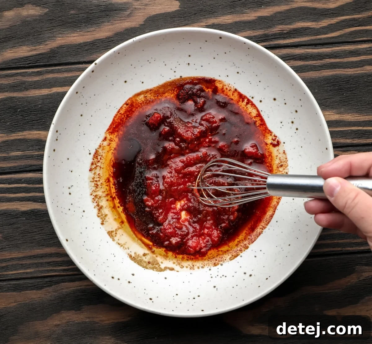 Reddish sauce being mixed thoroughly in a speckled bowl on a wooden background, creating a marinade.