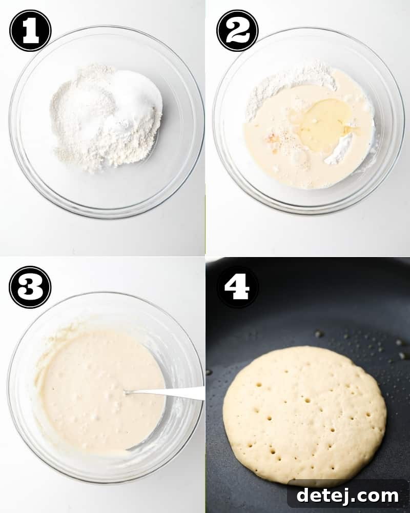 A collage showing the step-by-step process of making vegan buckwheat pancakes, from mixing batter to cooking on a griddle.