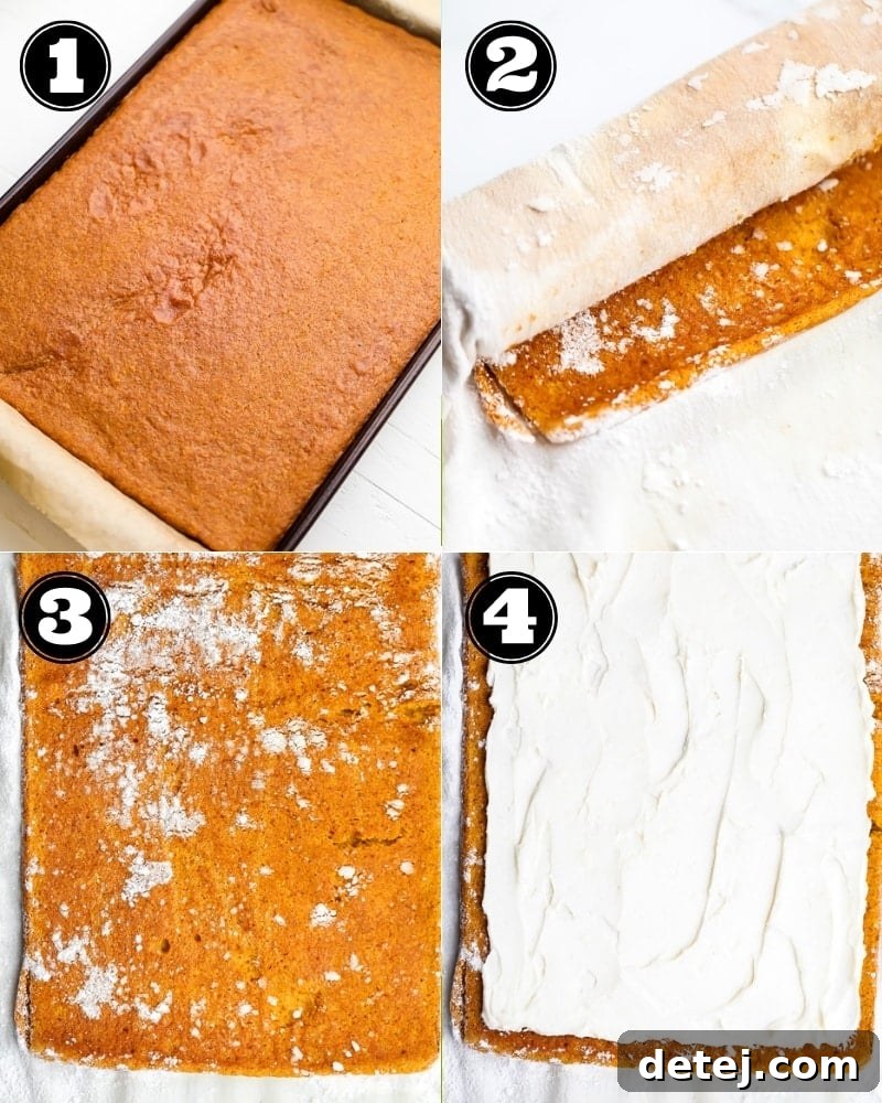 A step-by-step visual guide showing the process of making vegan pumpkin roll, from batter to rolling the warm cake.