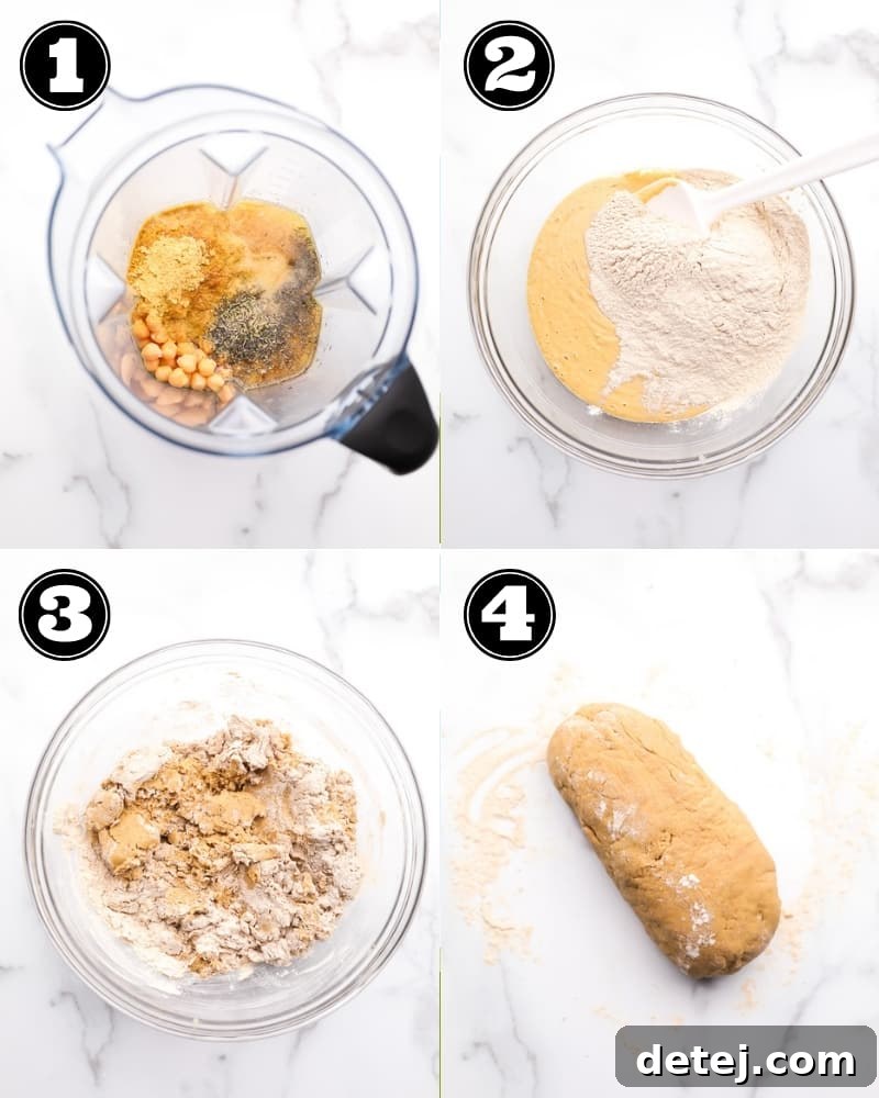 A visual collage illustrating the step-by-step process of preparing the seitan roast, from mixing ingredients to forming the loaf.