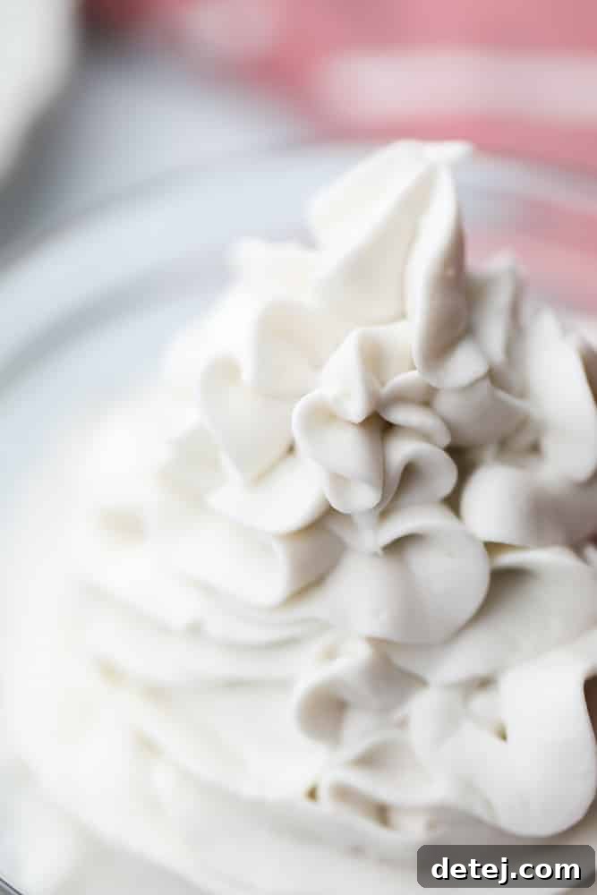 Close-up shot of perfectly piped coconut whipped cream, showcasing its smooth, consistent texture and inviting appearance.