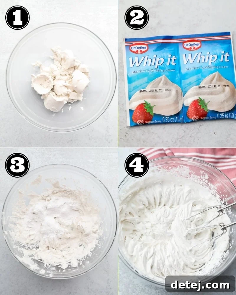 A visual guide showing a step-by-step collage of how to prepare homemade coconut whipped cream, from scooping the hardened cream to the final whipped texture.