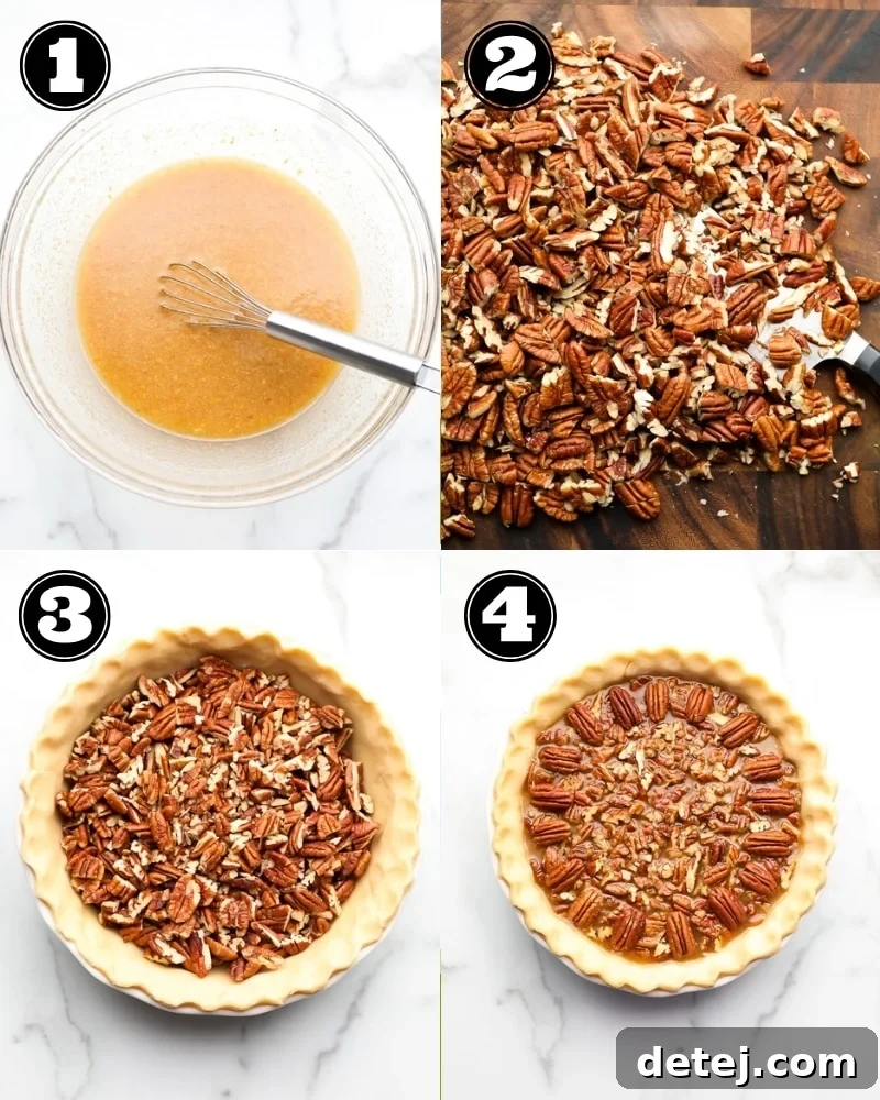 Step-by-step collage showing how to make vegan pecan pie, from mixing to assembling