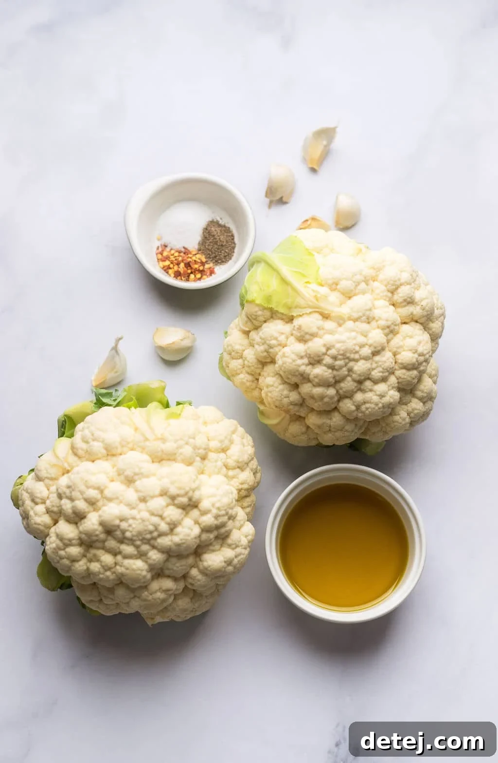 whole cauliflowers, spices, garlic and olive oil