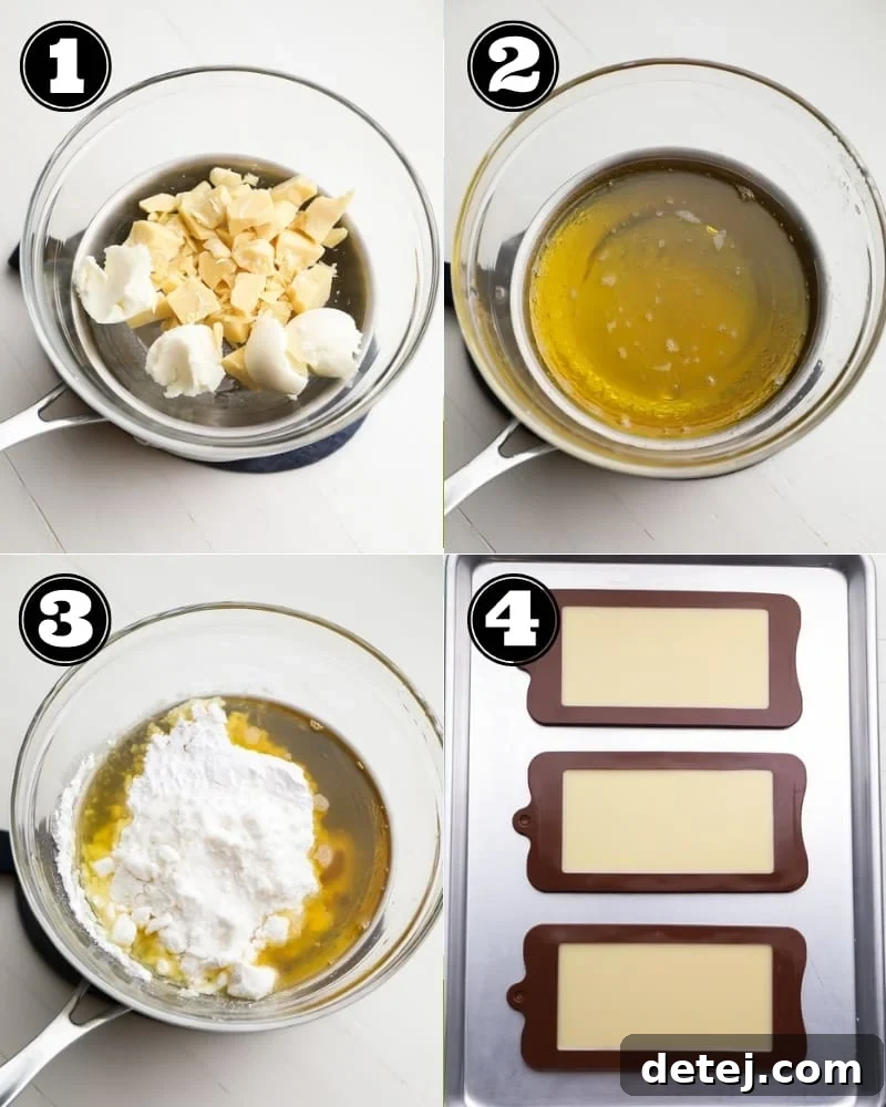 Collage showing the step-by-step process of making vegan white chocolate, from melting ingredients to pouring into molds.