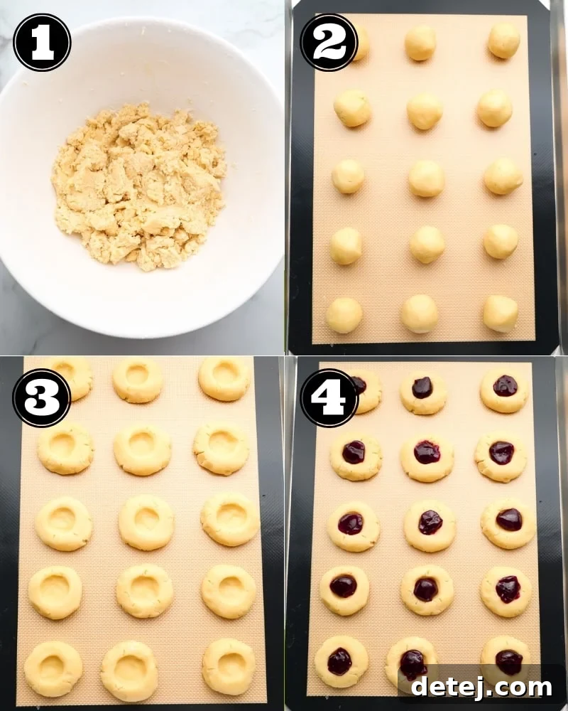 A Pinterest collage featuring multiple images of raspberry almond thumbprint cookies, with overlay text describing them as easy, vegan, and perfect with jam and almond flavoring.