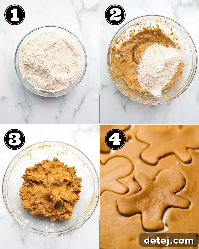 A visual collage showing the step-by-step process of making vegan gingerbread cookies, from mixing to cutting shapes.