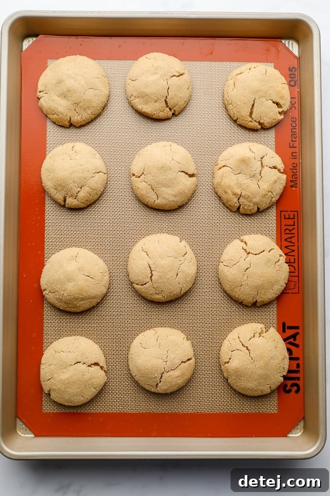 Freshly baked peanut butter cookies cooling on a baking sheet, with slight indentations ready for the chocolate centers.