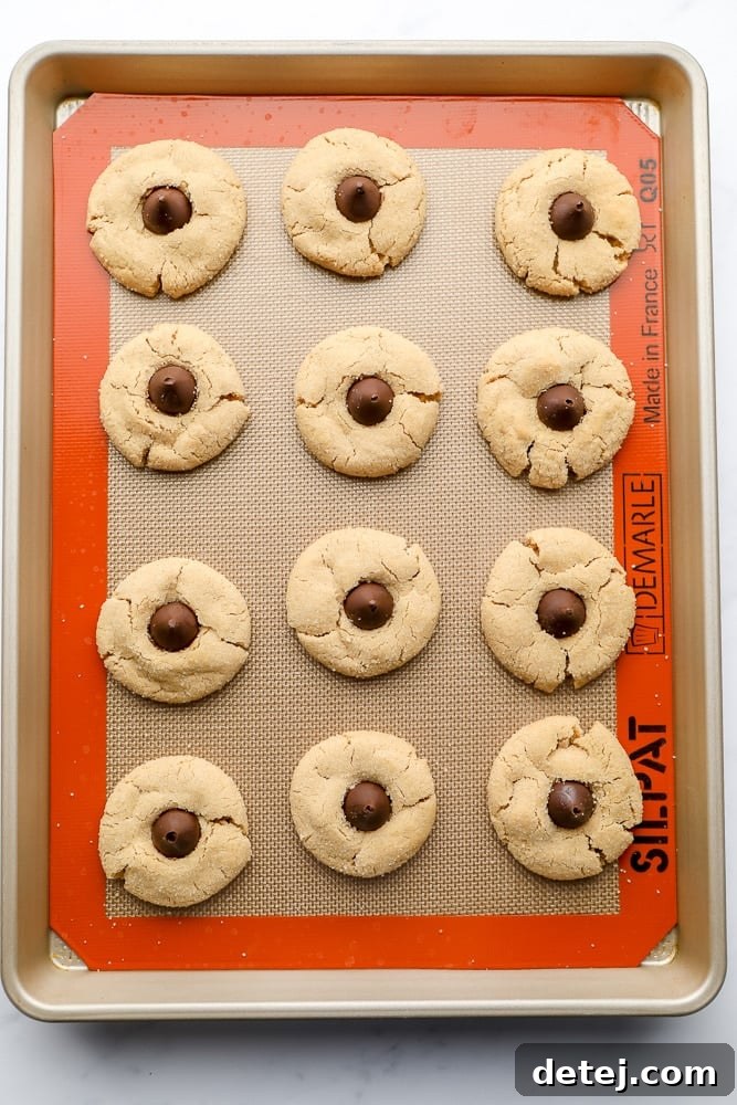 A pan filled with many completed vegan peanut butter blossoms, showcasing the finished product ready for enjoyment.
