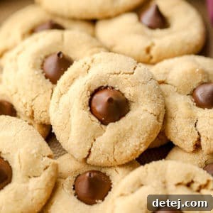Square image of delicious vegan peanut butter blossom cookies with chocolate kisses in the middle.