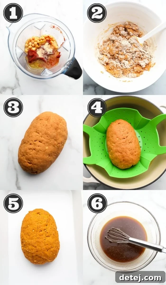 A step-by-step visual guide showing the process of making vegan ham, from blending ingredients to shaping and scoring the loaf.