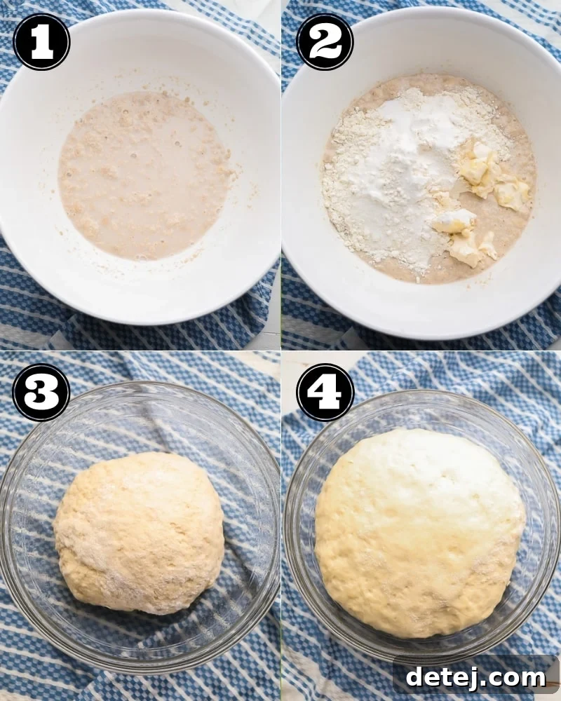 collage showing how to make dinner roll dough