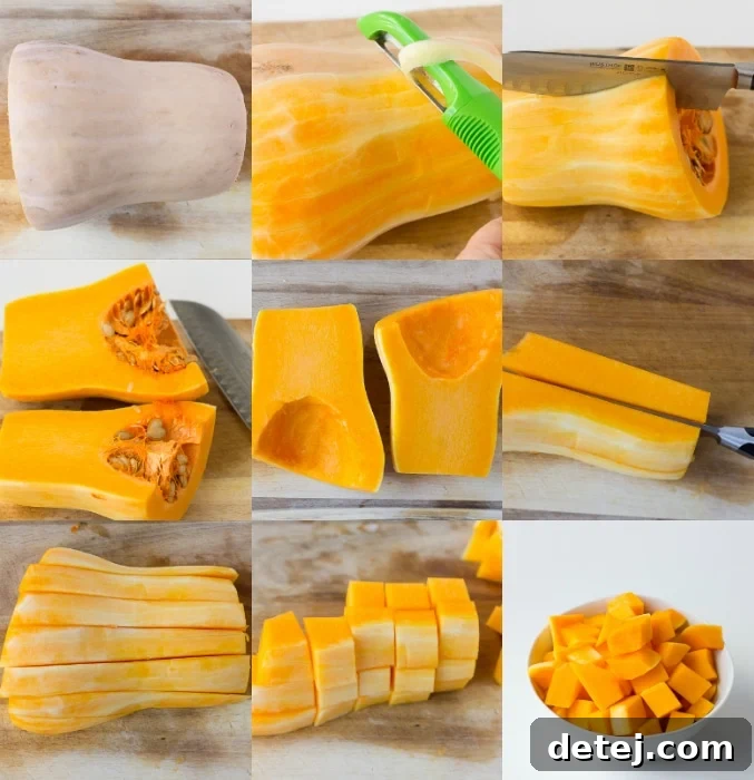 A collage demonstrating the process of how to chop and peel a butternut squash into cubes, with step-by-step images.