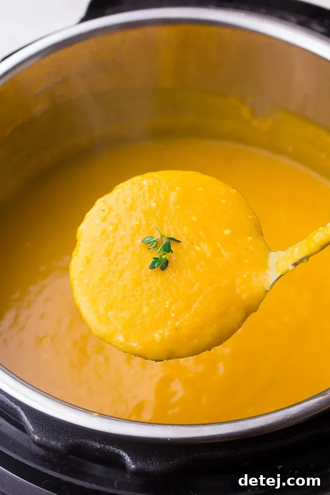 A ladle lifting a spoonful of creamy butternut squash soup out of a large cooking pot.