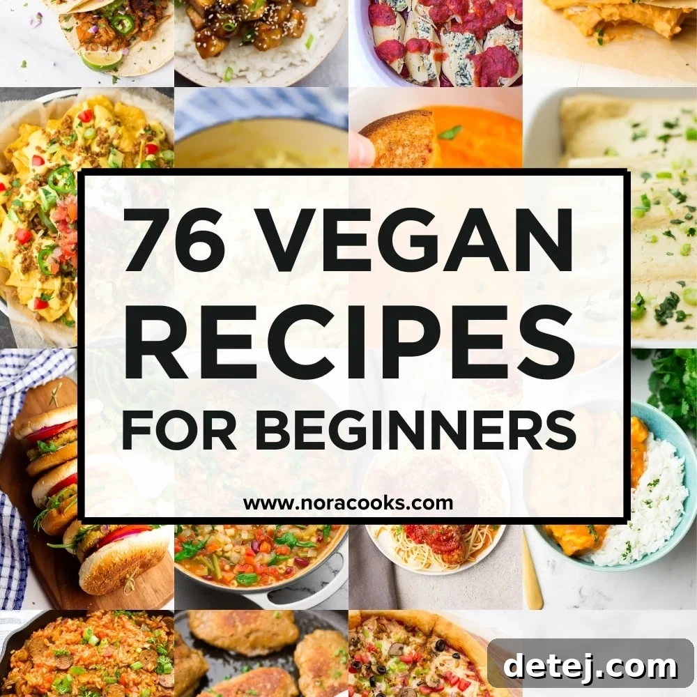 A vibrant collage showcasing 76 diverse vegan recipes, highlighting ease and beginner-friendliness.