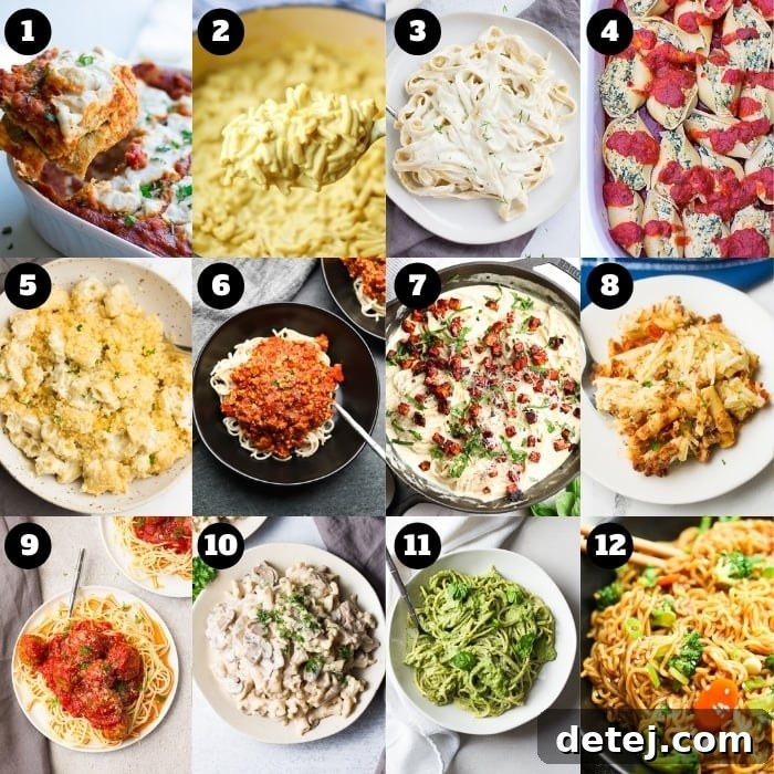 A vibrant 12-photo collage showcasing various delicious vegan pasta dishes.