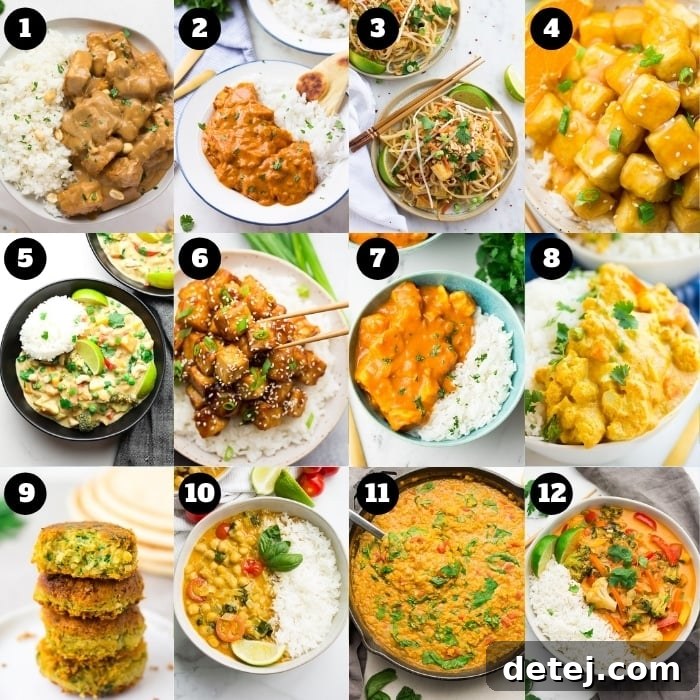 A 12-photo collage featuring a variety of popular vegan take-out inspired recipes.