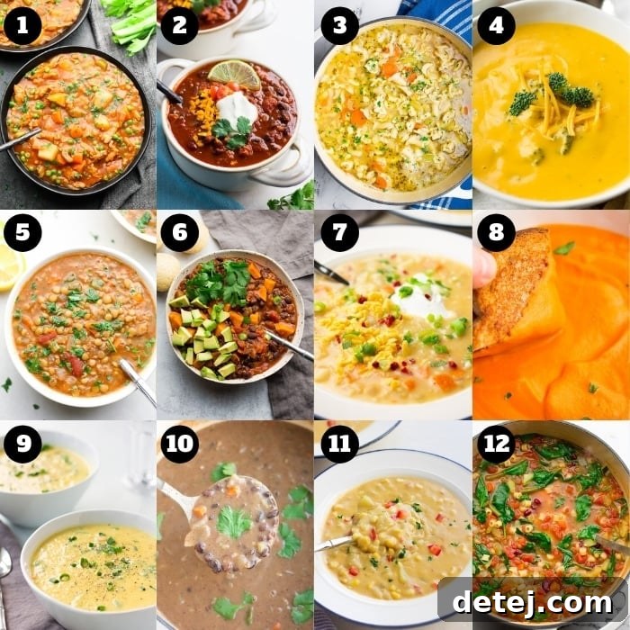 A 12-photo collage showcasing a variety of comforting vegan soups, stews, and chili.