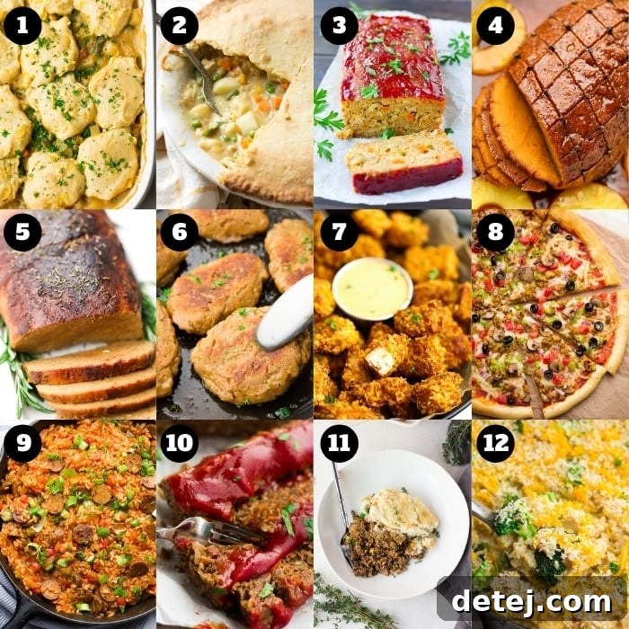 A 12-photo collage of various hearty vegan comfort food recipes.