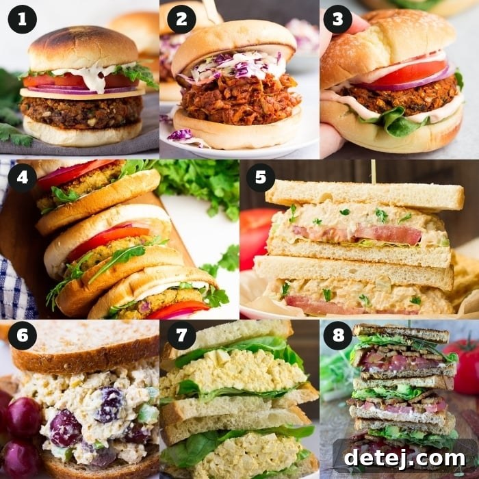 An 8-photo collage showcasing a variety of delicious vegan burgers and sandwiches.
