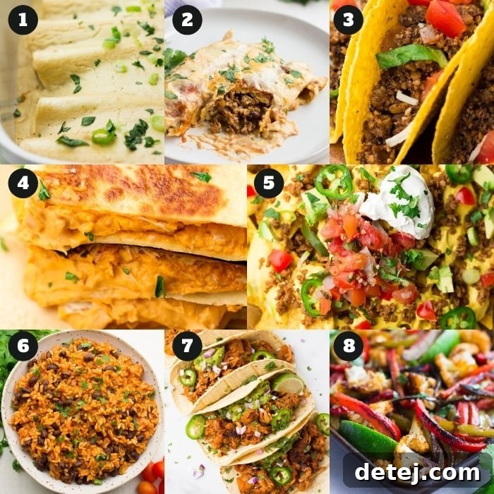 An 8-photo collage featuring various delicious vegan Mexican-inspired recipes.