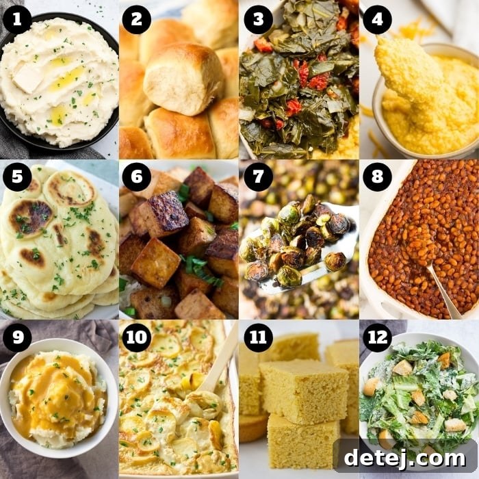 A collage of various delicious vegan side dishes and breads.