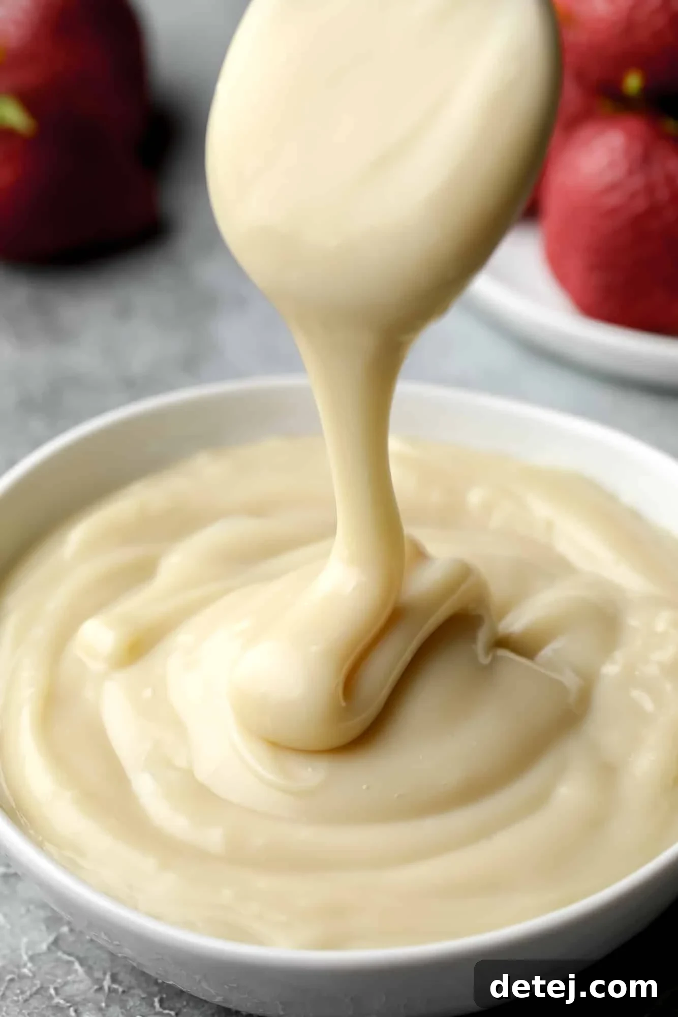 Drizzling silky smooth vegan custard into a pristine white bowl, showcasing its creamy texture and inviting appearance. This coconut-free, gluten-free, 4-ingredient recipe is perfect for donuts, cakes, and more.