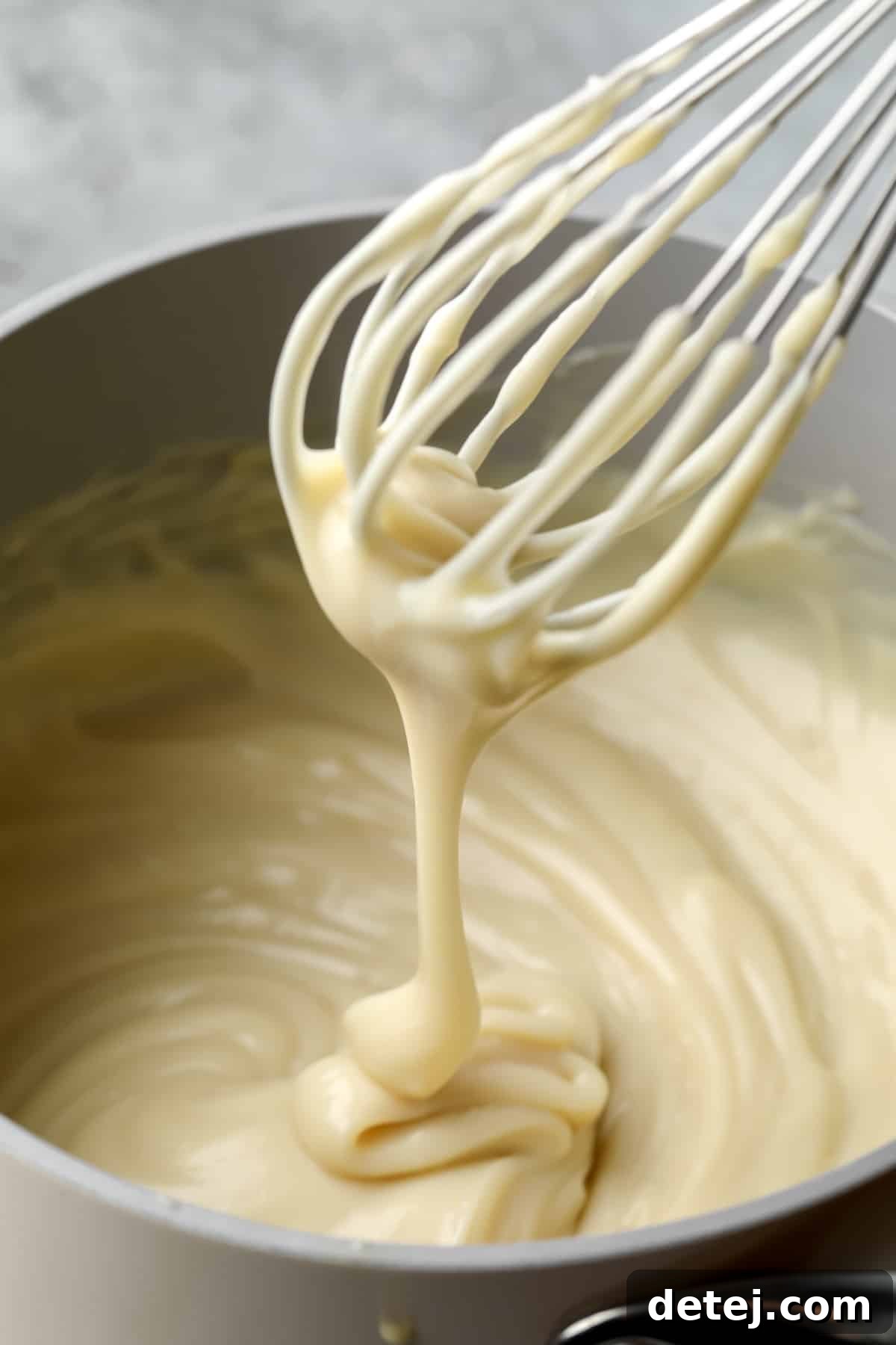 Close-up of a whisk drizzling rich vegan custard into a pot already filled with more custard, emphasizing its luscious texture.