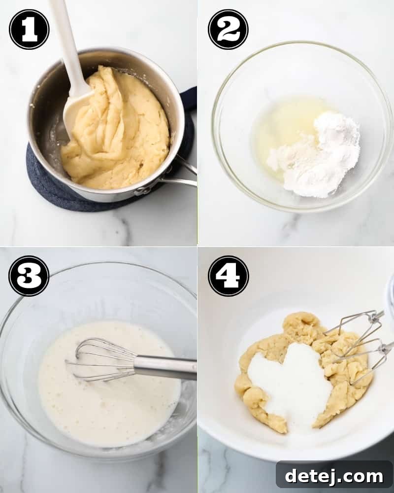 A collage of step-by-step photos demonstrating the process of making vegan choux pastry, from stovetop cooking to adding the egg substitute.
