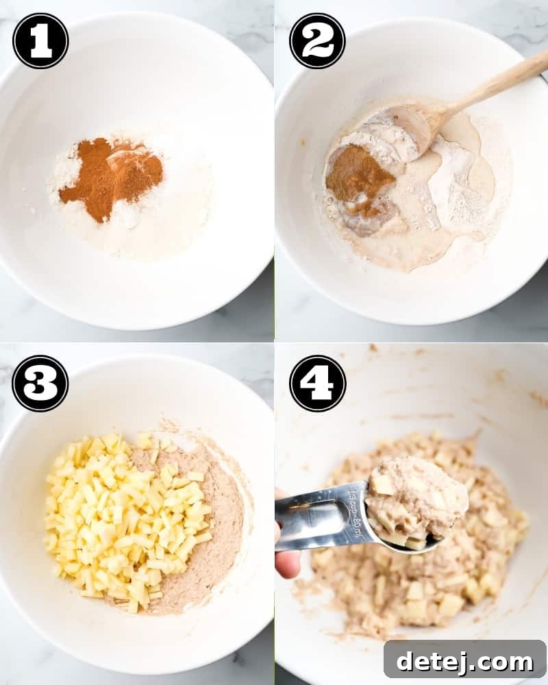 A four-panel collage showing the step-by-step process of making fried apple fritters, from mixing the batter to frying.