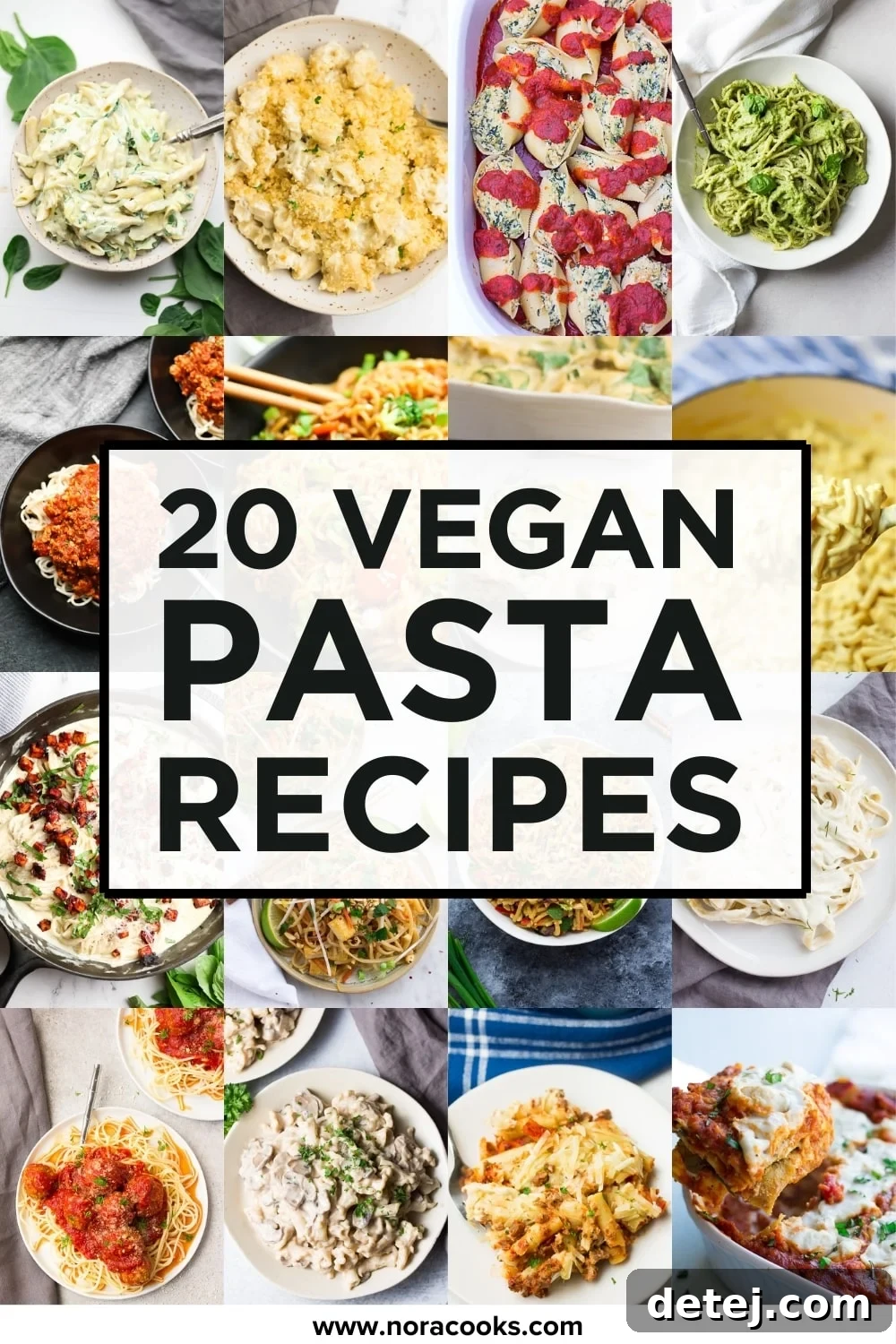 long collage of vegan pasta with text box