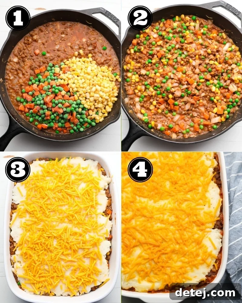A step-by-step photo collage illustrating the process of making vegan lentil shepherd's pie, from sautéing ingredients to layering the mashed potatoes on top of the lentil filling in a baking dish.