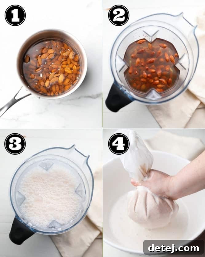 Step-by-step photo collage illustrating the process of making almond milk at home