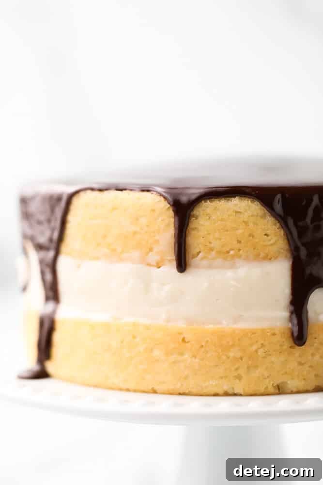 Close-up of a perfectly sliced Vegan Boston Cream Pie revealing the distinct layers of cake, custard, and ganache, set against a pristine white marble background.