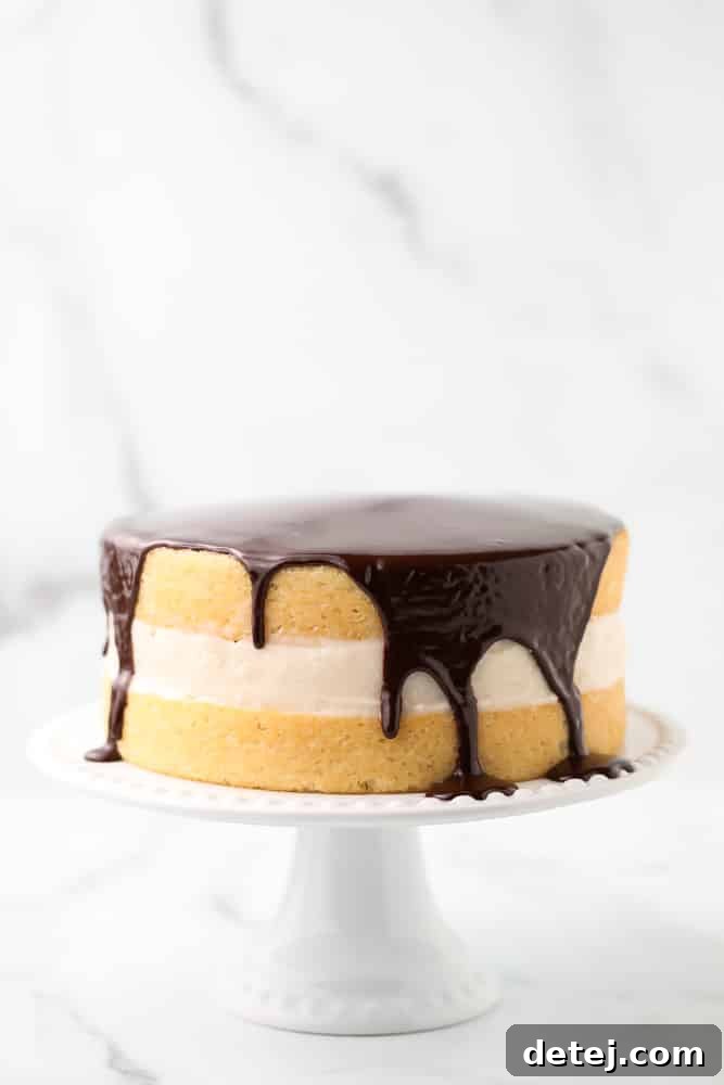 A sumptuous Vegan Boston Cream Pie displayed against a elegant marble backdrop, highlighting the perfect balance of the creamy filling and glistening chocolate ganache.