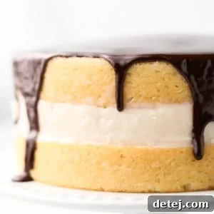 close up of cake with custard and chocolate